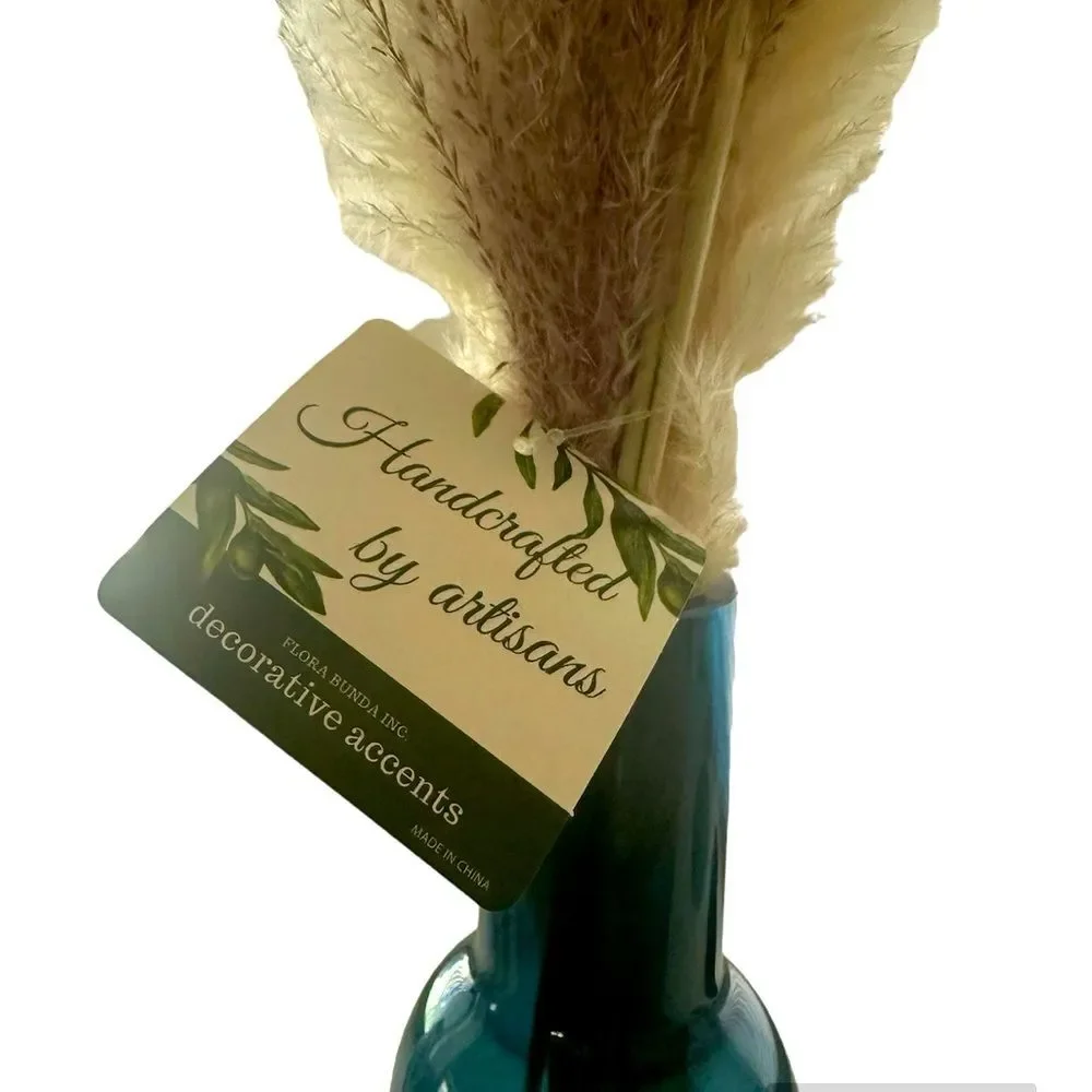 NIB Flora Bunda Pampas Grass in Blue Glass Vase